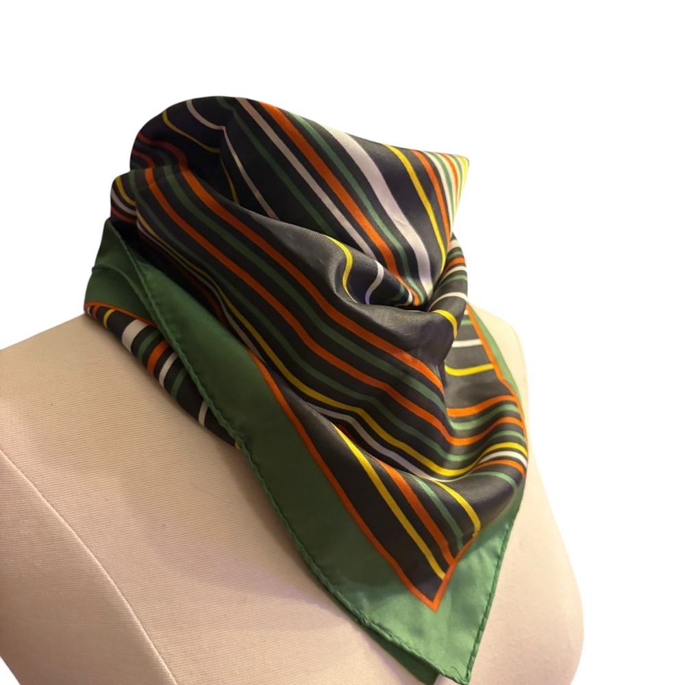 🔴 5 for $40 SALE! 
Vintage Brown & Green’s Striped Polyester Square Scarf - Picture 2 of 11